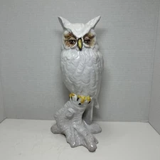 Italian Majolica Pottery White Owl on Tree 12.5" Figurine / Statue Terracotta