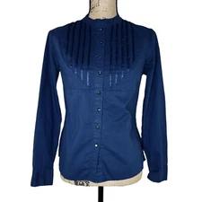 Talbots Blue Pin Tuck Blouse Petite Sz S Button Up Shiny Buttons Mock Neck Women