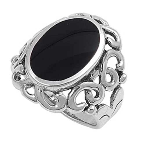 Women 26mm 925 Silver Black Onyx Ladies Cocktail Vintage Style Ring Band