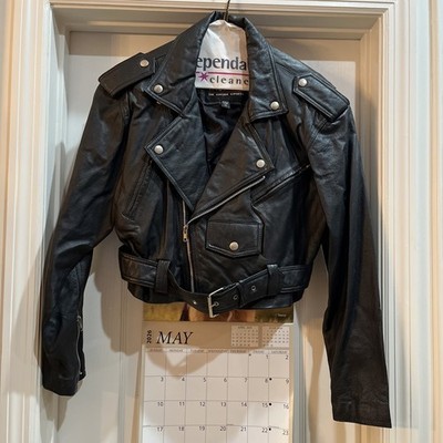 Wilsons Black Leather Moto Jacket VTG Y2K Womens Cropped Belted Biker X/S USED