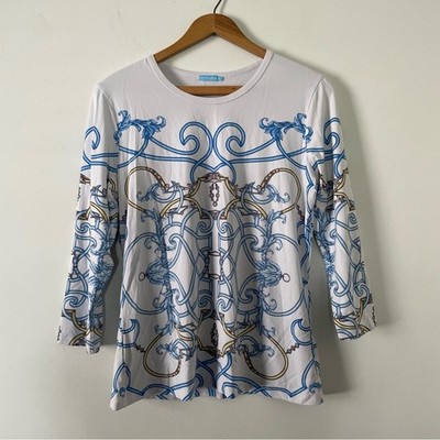 J. Mclaughlin White Blue Yellow Patterned 3/4 Sleeve Catalina Cloth Top Medium