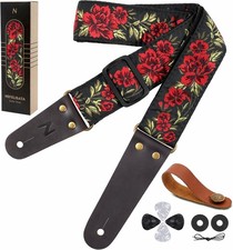 Nefelibata Guitar Strap, 2" Cotton Embroidery Guitar Straps, Full Grain Leather