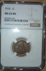 1910 1c Lincoln Wheat Cent NGC MS 63 BN with Toning