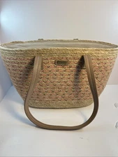 Sun 'N' Sand Woven Poly Straw Beach Tote Bag Faux Leather Handles Embroidered