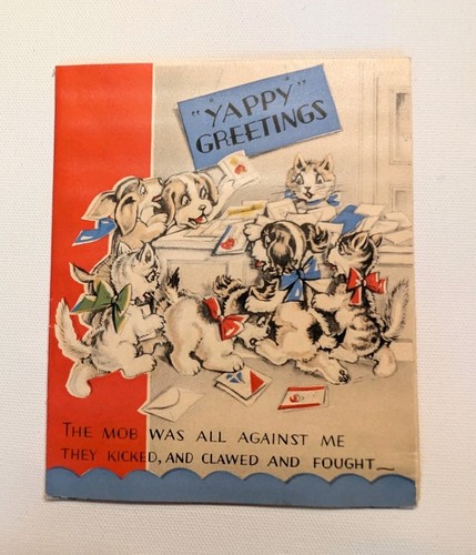Vintage 1940s Birthday Card Fold Out Novelty Yappy Greetings Puppy Dog Cat MCM