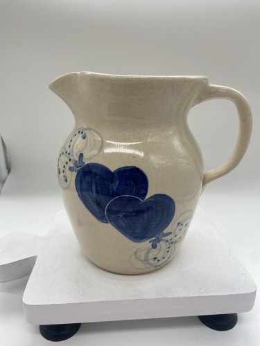 Ellis Prod Pottery Marshall Texas Pitcher Blue With Hearts Vintage - Picture 1 of 11