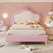 Polsterbett Kinderbett 90x200cm Rosa+Weiß Metallfüße PU mit Schutzkanten
