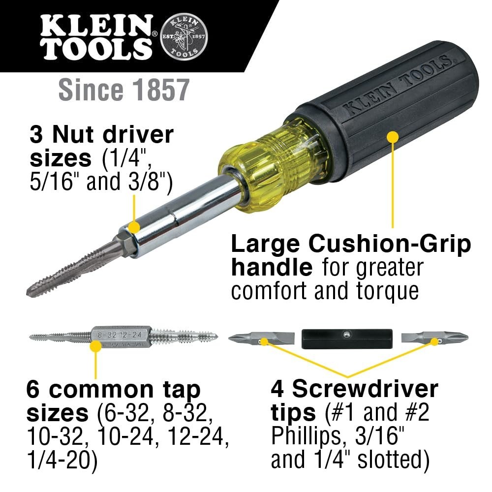 Klein Tools 32517 Multi-Bit Screwdriver / Tap Tool with 6 Common Tap Sizes, NEW