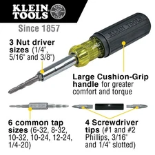 Klein Tools 32517 Multi-Bit Screwdriver / Tap Tool with 6 Common Tap Sizes, NEW