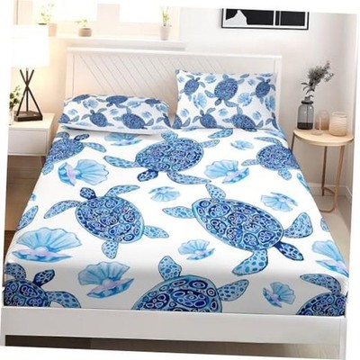 Sea Turtle Fitted Sheet Set Size, Blue Watercolour Twin XL Ocean World25