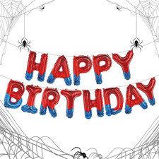 Spider Theme Happy Birthday Letter Balloons Banner, Red and Blue, Party Decorati