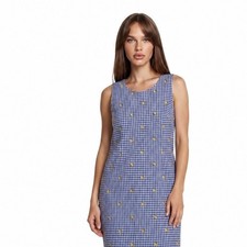 Talbots Shift Dress Women's Size 16W Blue Gingham Lemon Embroidered Sleeveless