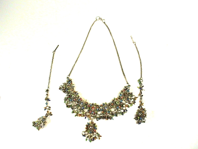 Rare Antique Fabulous Rhinestone & Glass Teardrop Dangles Bib Necklace/earrings