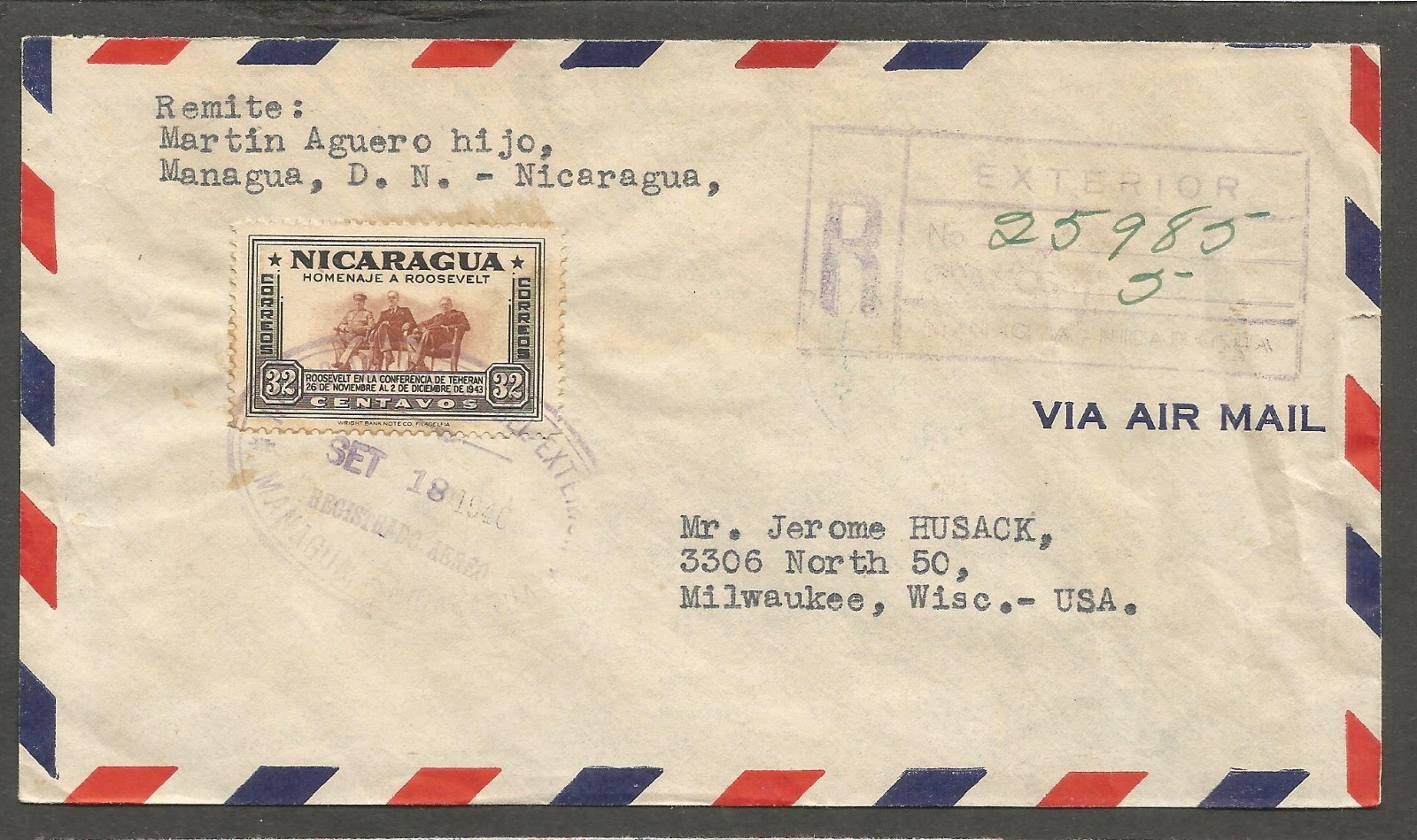 Nicaragua 1946 Registered Airmail Cover Managua to USA