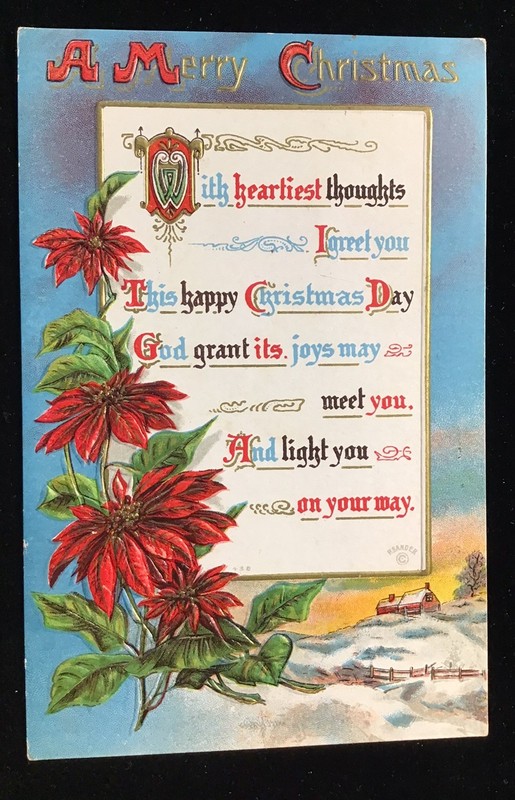 1911 EMBOSSED P. SANDER A MERRY CHRISTMAS POEM POSTCARD, FARM SCENE, POINSETTIAS