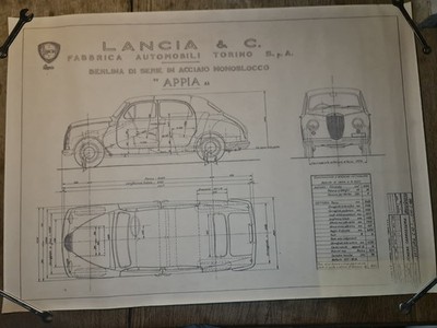 Lancia Appia Konstruktionszeichnung Karosserieschema  im Großformat