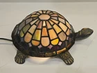 Vintage Stained Glass Tiffany Style Brass Turtle Accent Lamp Night Light