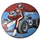 Vintage Gulf Gasoline Sign - Race Car Girl Porcelain Gas Pump Sign