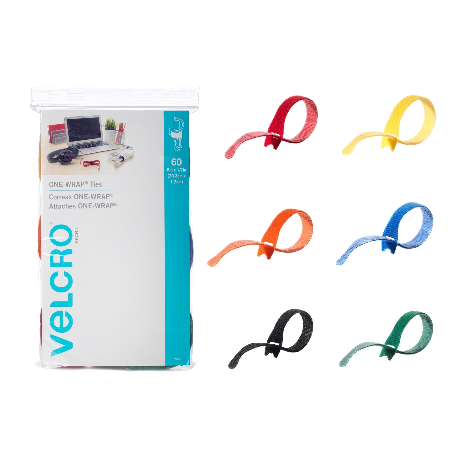 VELCRO Brand ONE-WRAP 8-Inch Cable Ties 60-Pack Multicolor Strong Reusable Straps