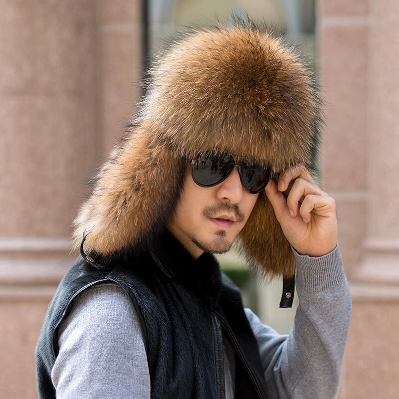 Men's Fox Fur Hat | Real Fox Fur Trapper/Aviator Hat XLarge / Black