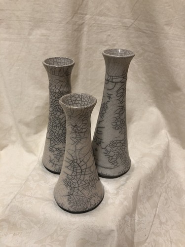Set Hand Thrown RAKU Pottery Ivory Black Graduated Candlesticks Signed - Bild 2 von 13