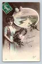 Woman with Lucky Horseshoe & Bouquet Shoreline Inset French Happy New Year RPPC