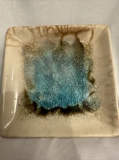Square Ceramic Trinket Dish With Crackle Glass Center Made in Vietnam