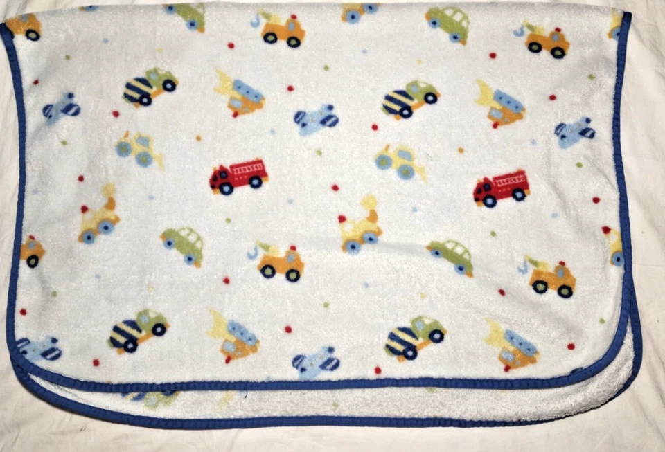 Just Born Baby Boy Car Firetruck Vehicles Blanket Lovey Soft Fleece White HTF - Image 3 of 4