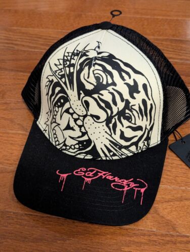 Ed Hardy Tiger Black Cream White Bill Trucker Cap Hat Snapback OSFA - Picture 2 of 4