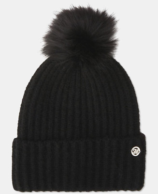 Steve Madden Women's Beanie Cloud Knit Faux-Fur Pom Pom Black One Size