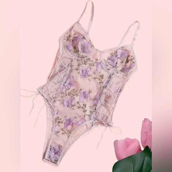 NWT Women's purple Strap Butterfly Mesh Stretch Lace Lingerie Bodysuit Size M - Image 2 of 4
