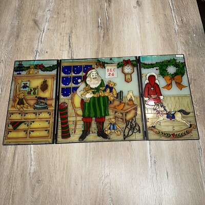 Vintage Santa Claus Workshop Dec 24th Stained Glass Hinge Trifold Christmas Rare