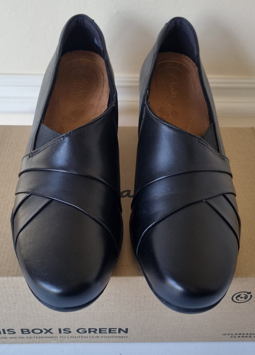 Clarks Rosalyn Adele Ladies UK Size 8D Black Leather Block Heel Court Shoes