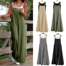 Women Linen Dungarees Jumpsuit Summer Wide Leg Jumpsuit Casual Trouser Suit