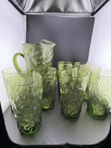 Vintage Avocado Green (Anchor Hocking Lido Or Seneca) Pitcher & 9 Tumblers - Picture 2 of 16