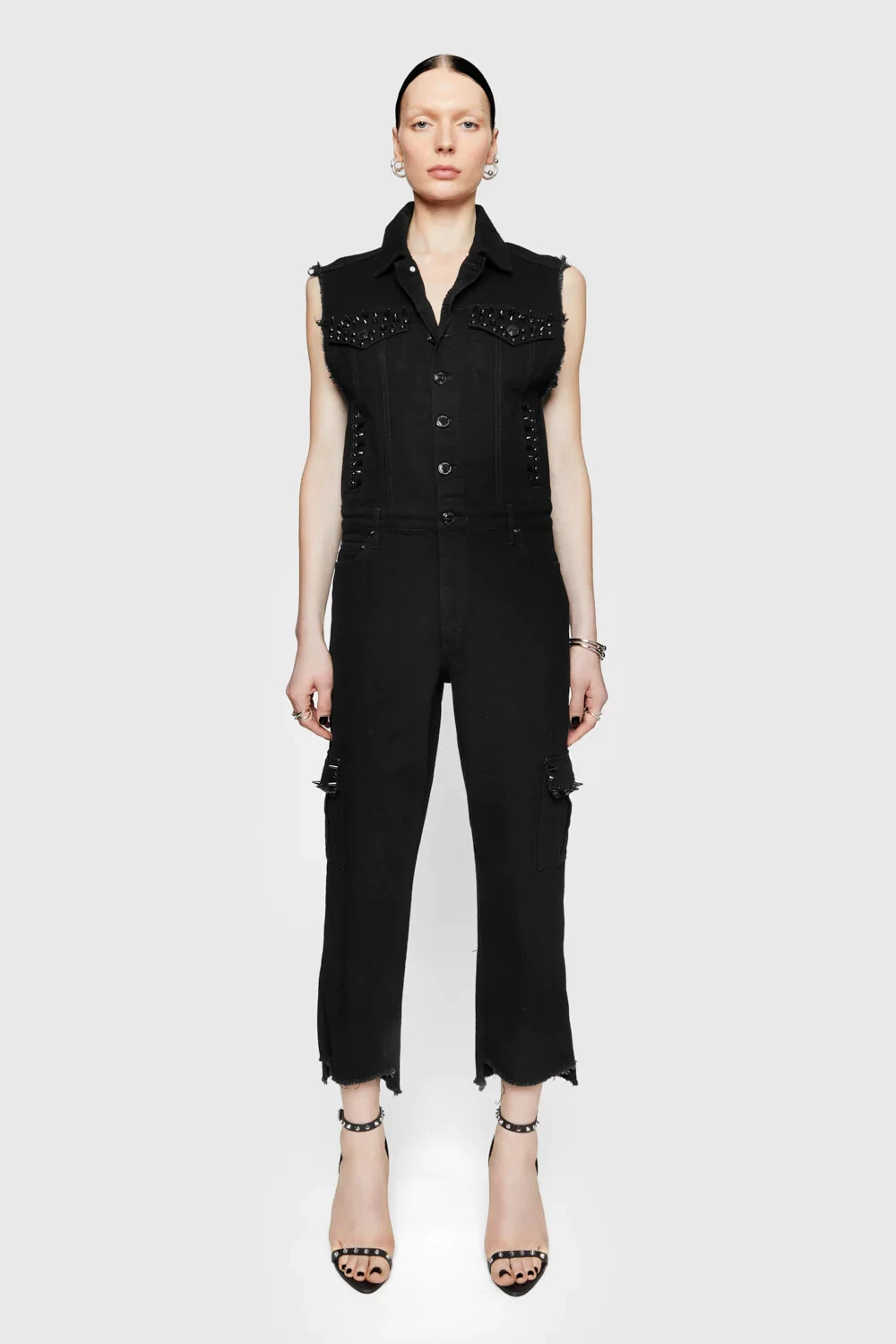 Rebecca Minkoff Black Sleeveless Raw Edge Button Up Brooklyn Boilersuit M $398