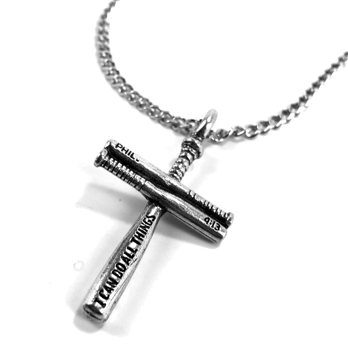 Baseball Bat Cross Small Necklace Pewter on chain (clbchain)