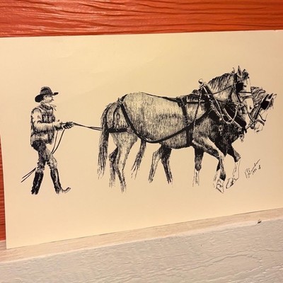 Victor L. Erickson 1996  Horse Team Pen and Ink Style Lithograph Print