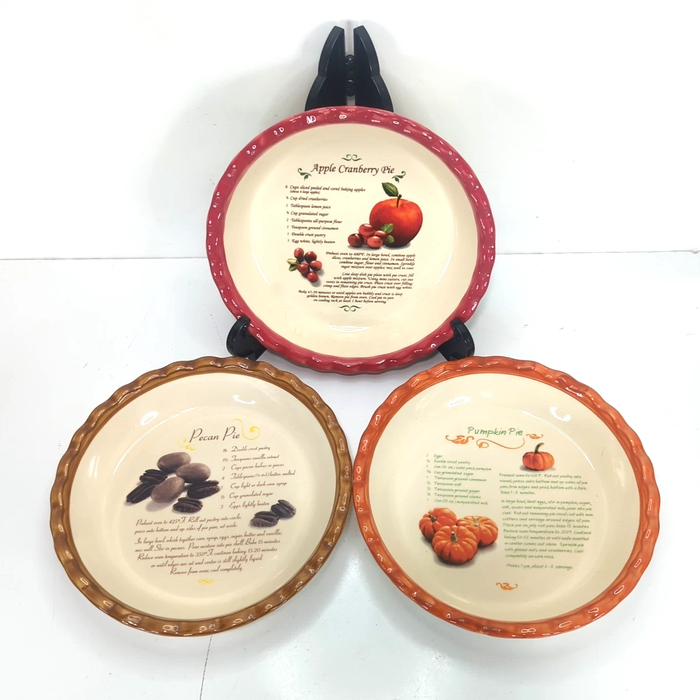 Michaels Stores Lot of 3 Pie Recipe Plates Apple Cranberry, Pecan & Pumpkin Used