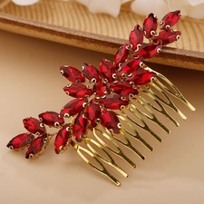 Wedding Brides Crystal Hair Comb Bridesmaid Red Rhinestone Flower Hair Side C...