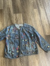 Chico's Women's Blue Embroidered Floral Open Front Long Sleeve Jacket Size 2
