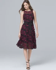 White House Black Market Lace Applique Midi Fit & Flare Dress In Black & Red 8