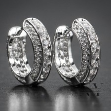 Moissanite Huggie Hoop Earrings 2 Carat Round Brillant Cut Solid 14K White Gold