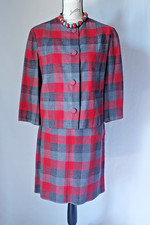 Vintage Custom Made Wool 2Pc Blazer Skirt Set Button Pencil Lined Red Plaid S/M