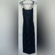 Gunne Sax Jessica McClintock Vintage 90s Sequin Lace Maxi Dress 9/10 Black Gown