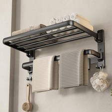 24-Inch Bathroom Towel Rack, Wall Mounted Foldable Shelf with Towel Bar 7 Hook