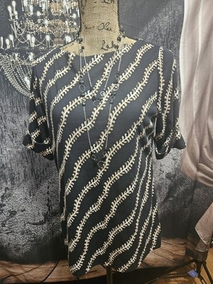STYLE & CO, WOMEN'S NEW BLACK/TAN COTTON BL HALF SLEEVED GEO KNIT BLOUSE, SIZE M