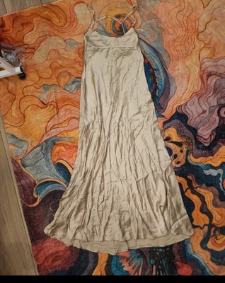 Zara Beige Satin Long Slip Dress S V-Neck Spaghetti Straps Slit - Image 1 of 4