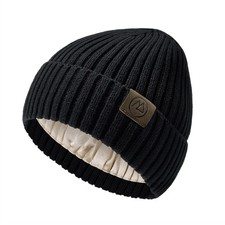 NIP Black Acrylic Knit Beige Satin Lined Beanie Hat Unisex One Size Fits All