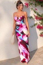 Zara Dress Womens S Pink Floral Satin Maxi Resort Strappy Open Back Romantic
